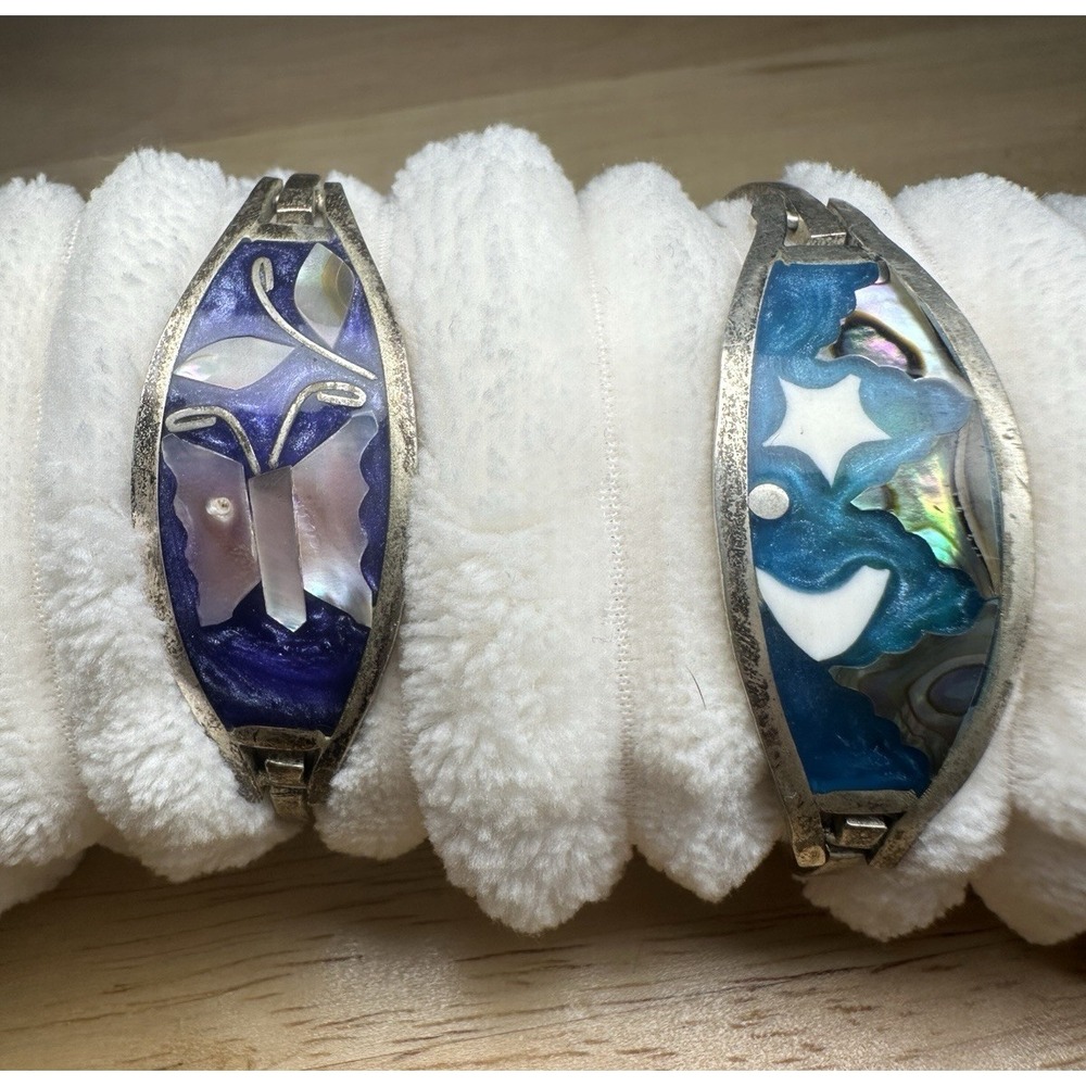 2 Vintage Alpaca Mexico Small Size 5.5" Purple Teal Abalone MOP Inlay Bracelets